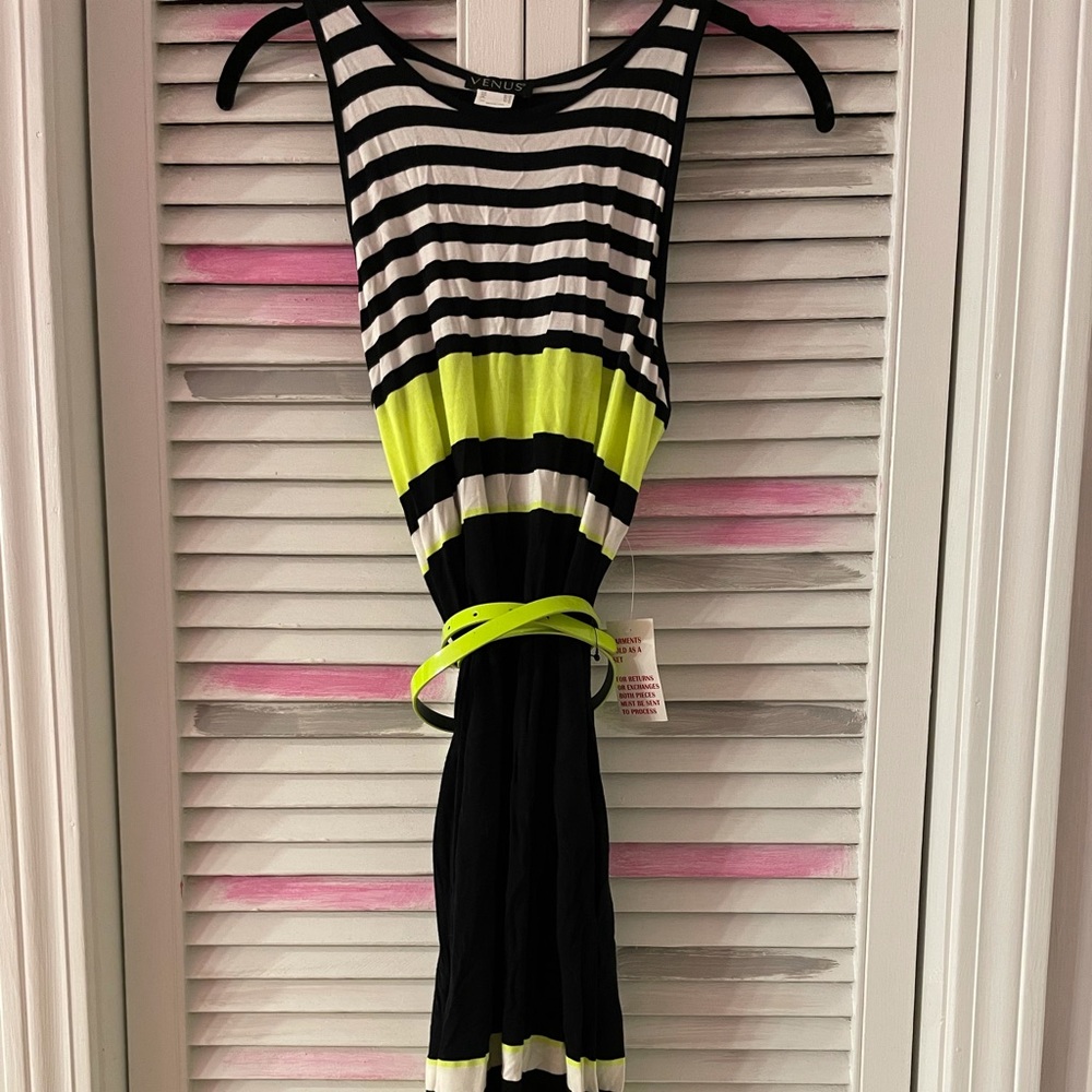 NWT Venus striped lime green black dress white